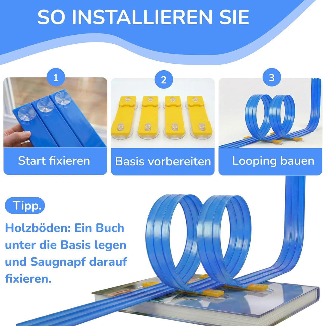 3-Spur Flexible Autorennbahn Set mit 2 Loopings (5M), Rennbahn mit Autos & Tragtasche, Schwerkraft &