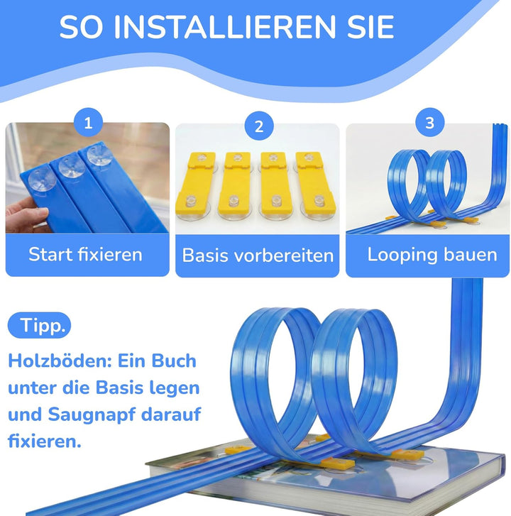3-Spur Flexible Autorennbahn Set mit 2 Loopings (5M), Rennbahn mit Autos & Tragtasche, Schwerkraft &