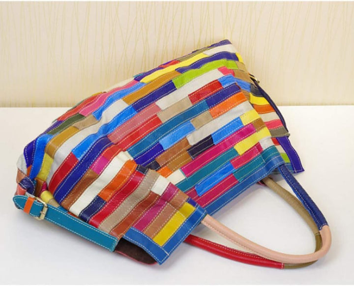 Segater® Damen Multicolor Einkaufstasche Echtes Leder Handtasche Bunte Patchwork Grosse Umhängetasch