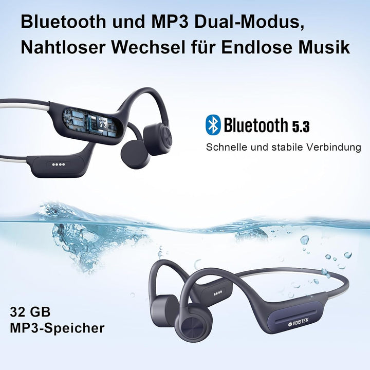 Voistek Knochenschall-Kopfhörer mit Vibration, Bluetooth 5.3 IP68 Wasserdicht, 32GB MP3-Player, Open