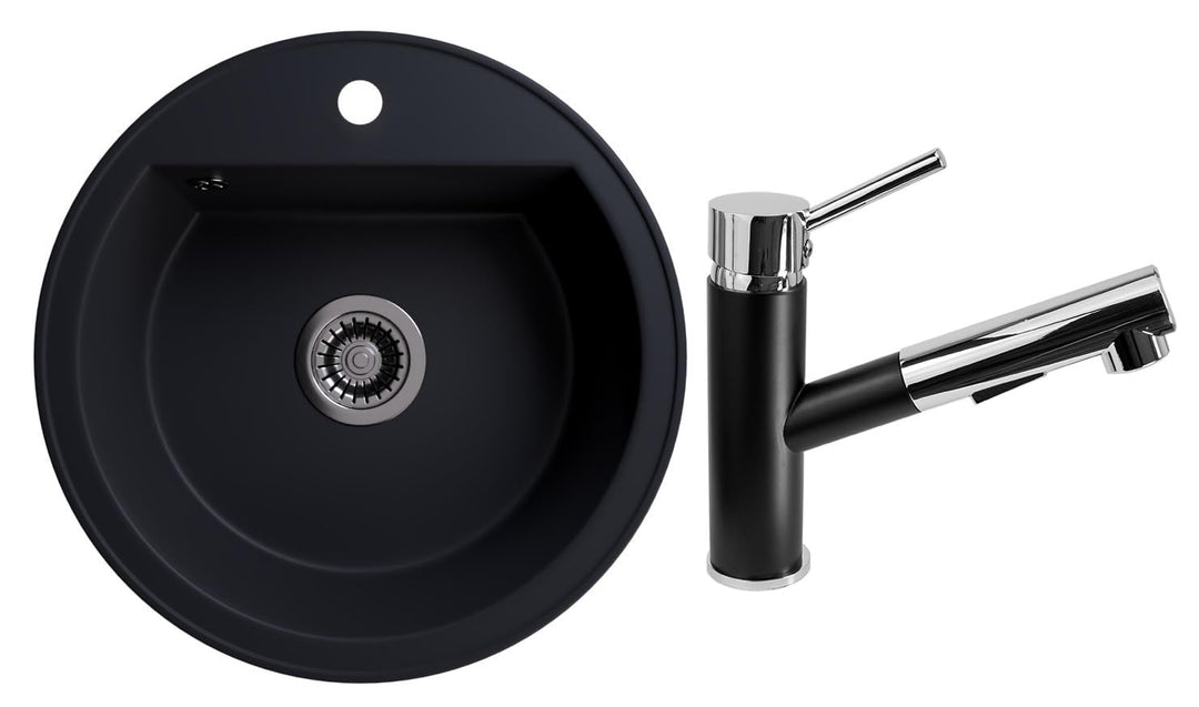 Rein Schwarz LINDBERGH® Granit Spüle mit Armatur "TON44 + 1-Nero" + Siphon Einbauspüle Küchenspüle S