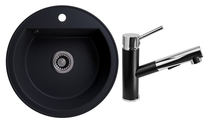 Rein Schwarz LINDBERGH® Granit Spüle mit Armatur "TON44 + 1-Nero" + Siphon Einbauspüle Küchenspüle S