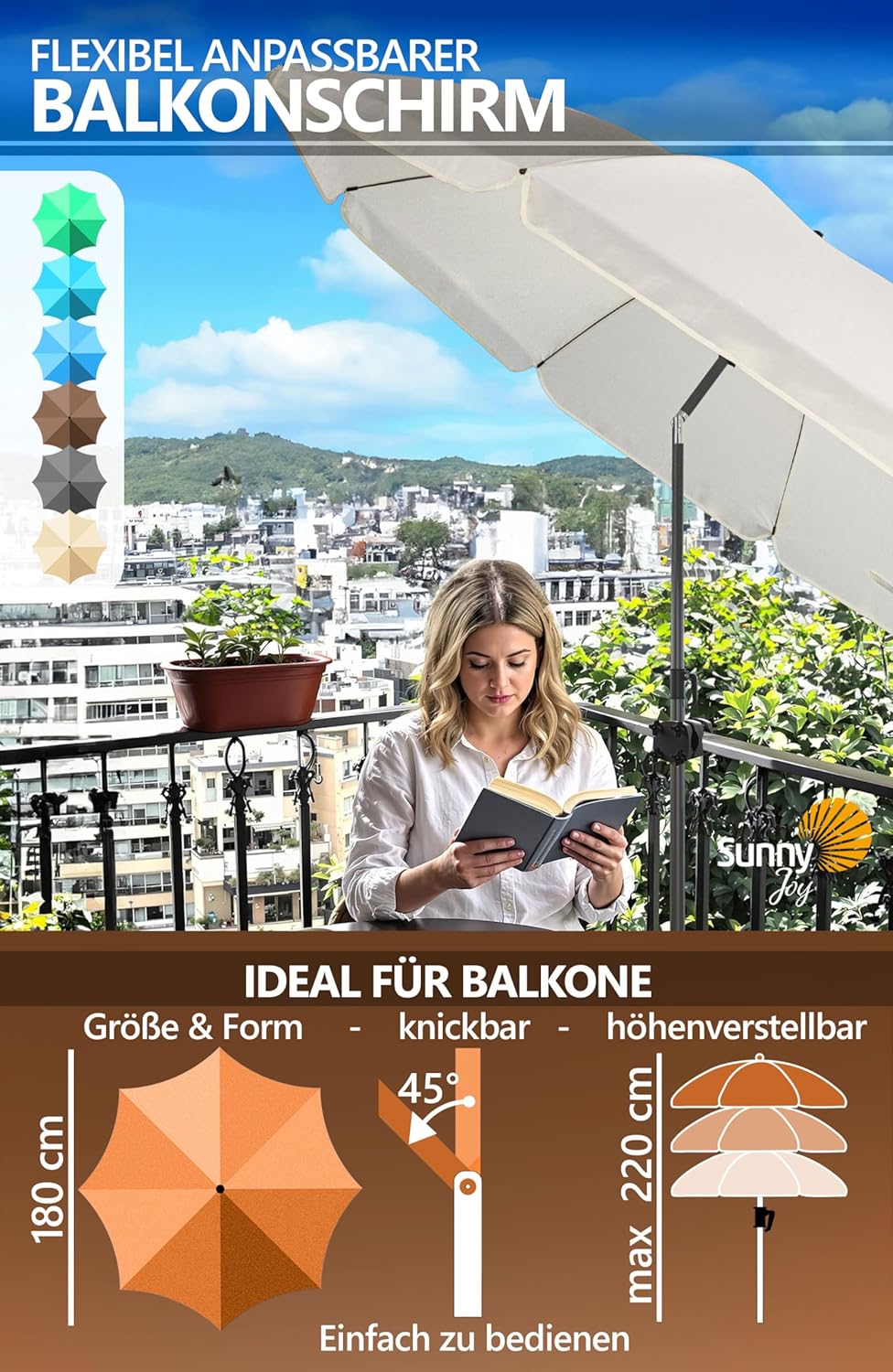 4smile Sonnenschirm Balkon SunnyJoy im 3er-Set - UPF 50+ Balkon Schirm 180 cm + Sonnenschirmhalter B