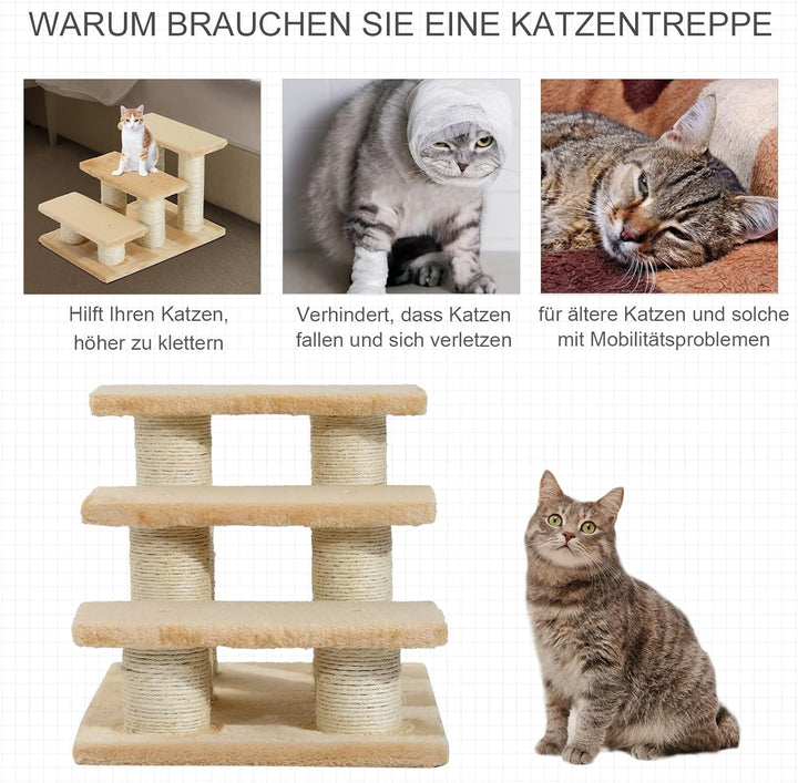 PawHut Tiertreppe Katzentreppe Hundetreppe 3 Stufen Treppe für Katze und Hunde Plüsch Creme 45 x 35