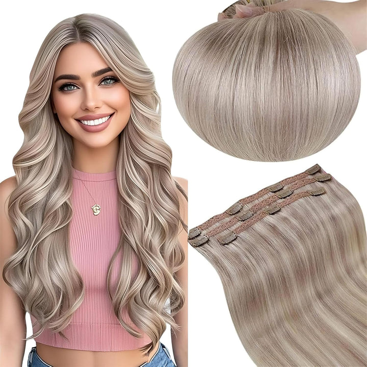 RUNATURE Clip in Extensions Echthaar 45cm Remy Graublond mit Platinblond Extensions Clip in Echthaar