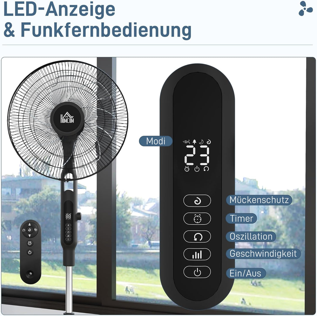 HOMCOM Standventilator leise mit Fernbedienung, LED-Anzeige, Höhenverstellbar Ventilator mit 3 Modi,