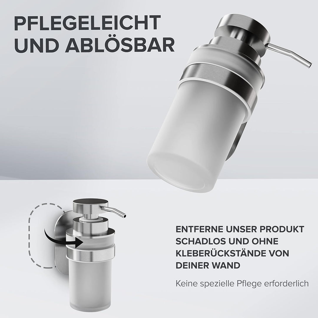 ovimar Seifenspender Kegnaes | Silber | Wandmontage ohne Bohren | aus Edelstahl und weissem Glas | e
