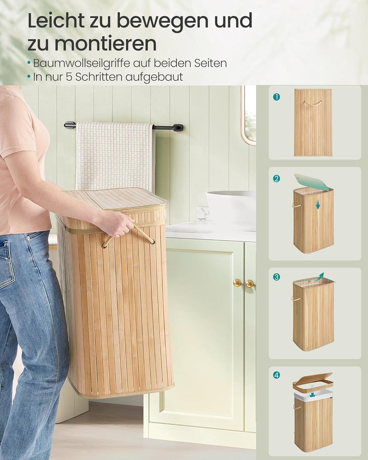 SONGMICS Wäschekorb mit Deckel, Wäschesammler Bambus, Wäschesack herausnehmbar und maschinenwaschbar
