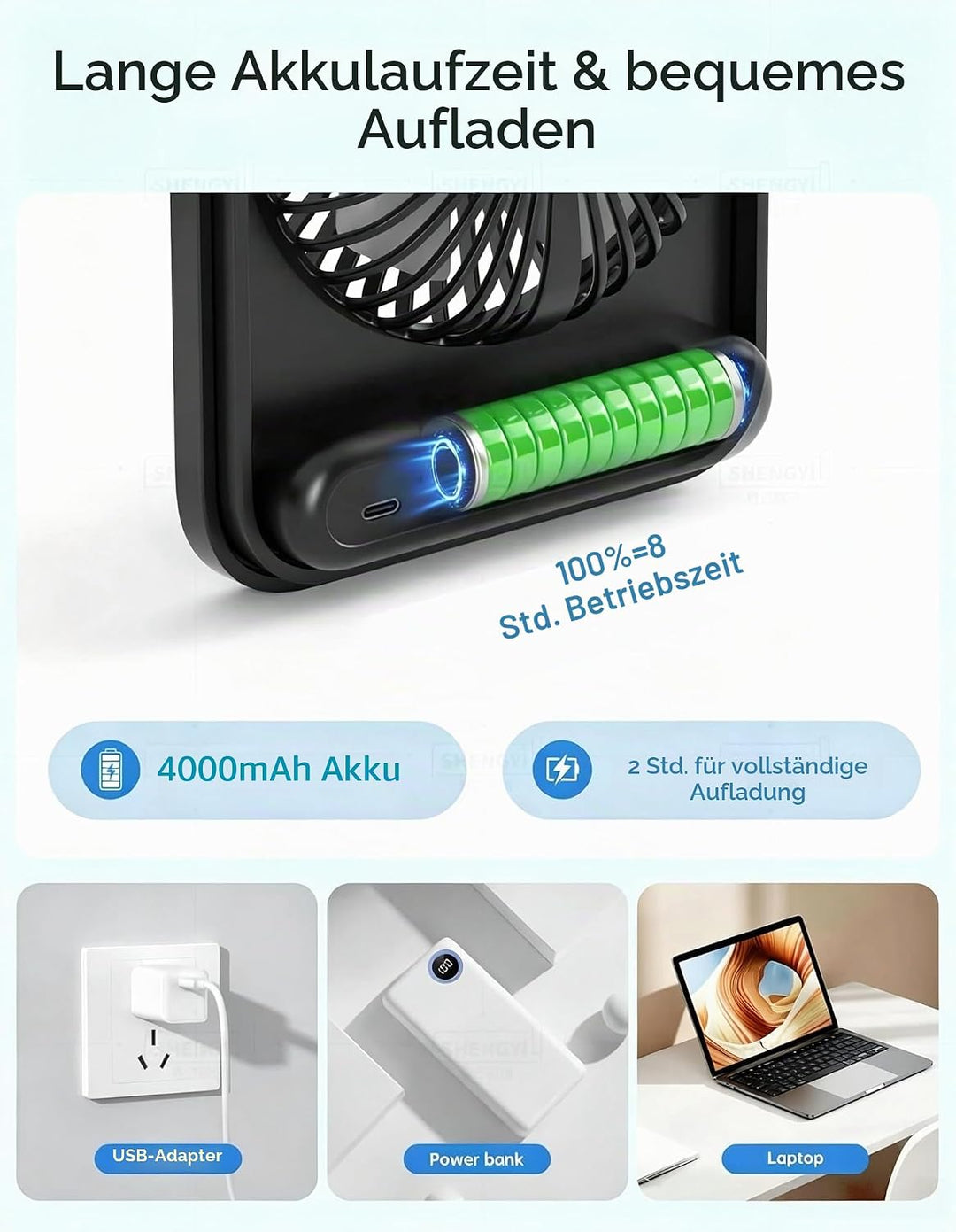4000mAh Akku Tischventilator, bis zu 10 Stunden Laufzeit, leiser USB-Ventilator mit LCD-Display, 5 S