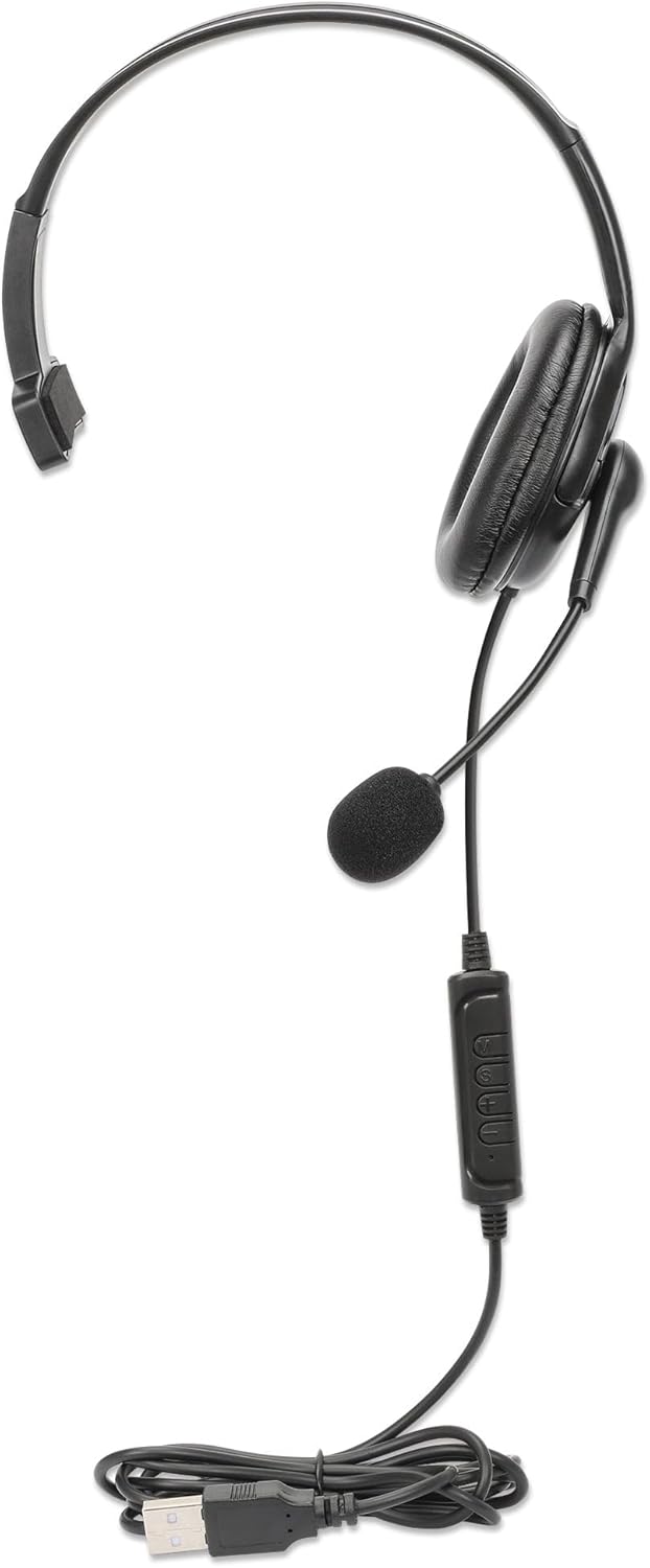 Manhattan Mono USB-Headset Links/rechts tragbar 2m Kabel, Schwarz
