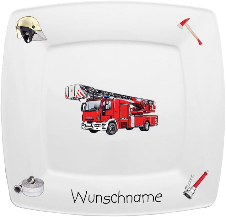 Kindergeschirr Frühstücksservice eckig 3-tlg. Porzellan Feuerwehr Teller Becher Schale personalisier