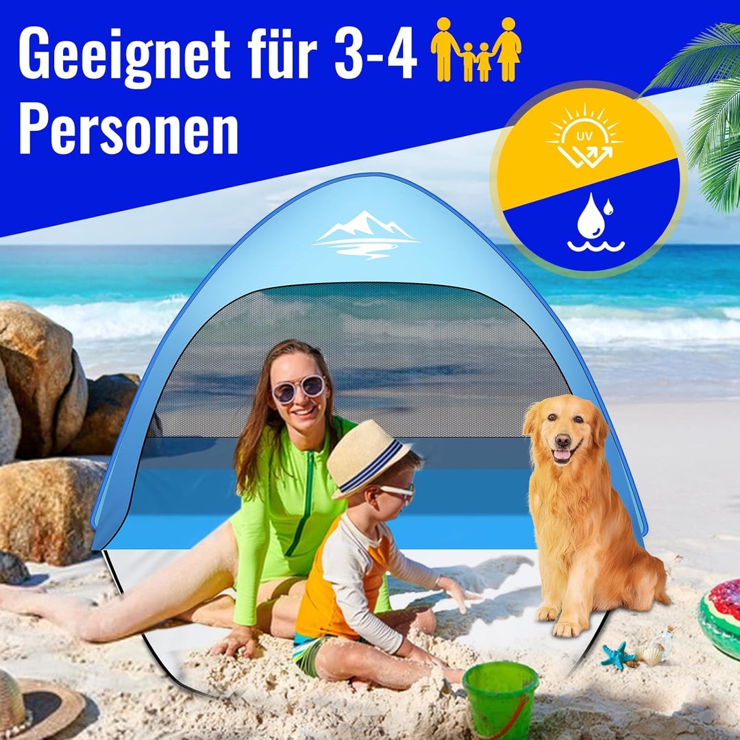 Strandmuschel Pop Up Strandzelt 3-4 Personen, Pop Up Strandmuschel mit Reissverschlusstür UV-Schutz