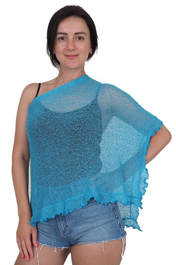 Mimosa Damen Schlichtes Stretch-Fischnetz häkeln Fledermaus kleiner Poncho Einheitsgrösse Türkis, Ei