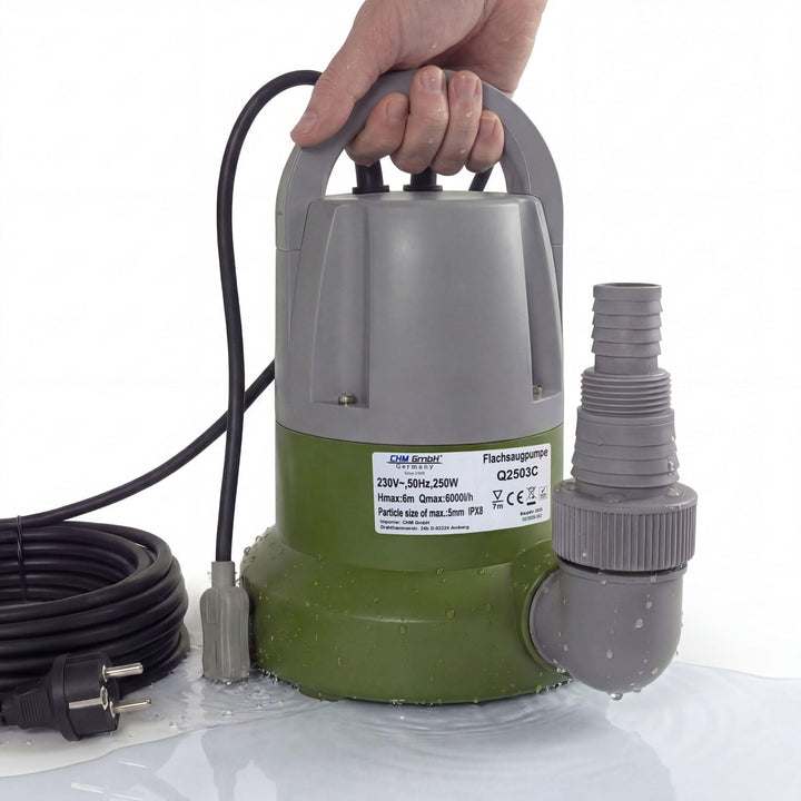 Tauchpumpe flachsaugend bis 1mm 250 Watt Flachsaugpumpe mit integriertem Schwimmer und Überhitzungss