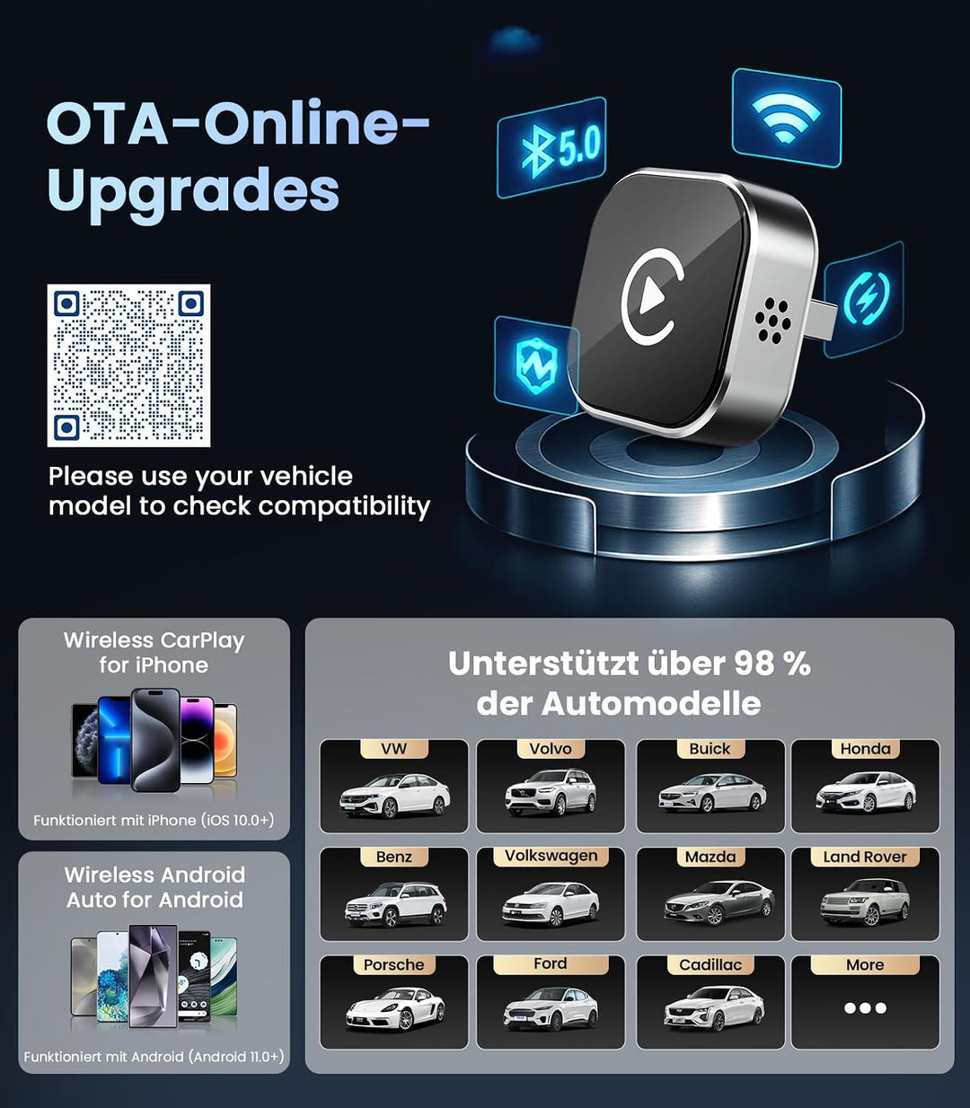 Mini CarPlay Wireless Adapter für iOS/Android, 2 in 1 Car Play Plug&amp;Play Silber, Silber