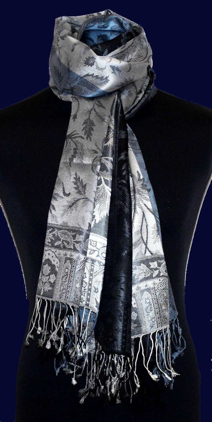 Lorenzo Cana Damen Pashmina 100% Seide Schal Schaltuch gewebt 70 cm x 190 cm Paisley silber blau Sei