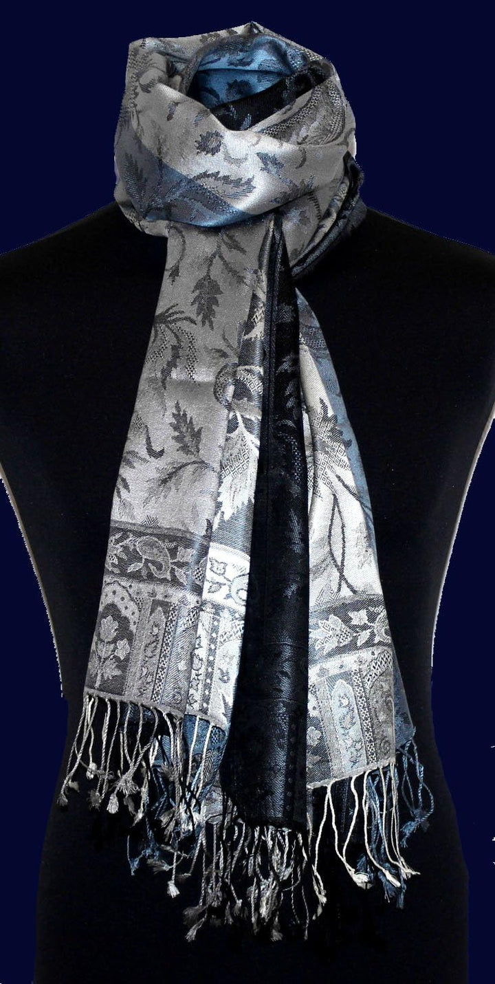 Lorenzo Cana Damen Pashmina 100% Seide Schal Schaltuch gewebt 70 cm x 190 cm Paisley silber blau Sei