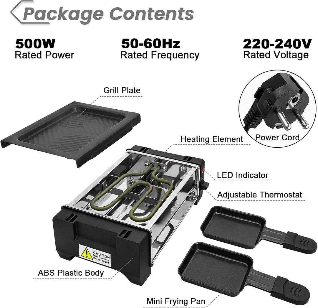 Mini Raclettegrill Tischgrill elektrisch, 2 Personen Raclette Set mit Antihaftplatte, kompakter Inne