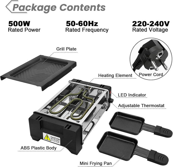 Mini Raclettegrill Tischgrill elektrisch, 2 Personen Raclette Set mit Antihaftplatte, kompakter Inne