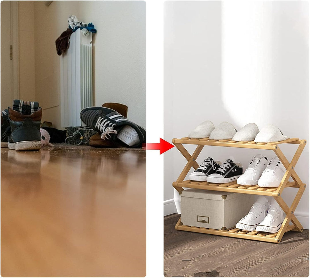 Schuhregal aus Bambus mit 3 Ebenen, tragbar, zusammenklappbar, ohne Installation, kleines Schuhregal