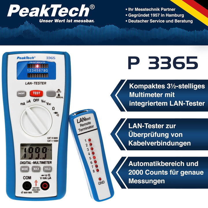 PeakTech 3365 – LAN Tester & Digital Multimeter, Netzwerkprüfgerät, Spannungsprüfer, Handmultimeter,
