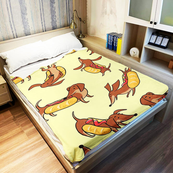 Kuscheldecke mit Dackel Hotdog Spass, Super weiches Fleece, Überwurfdecke für Bettwäsche Couch Sofa,