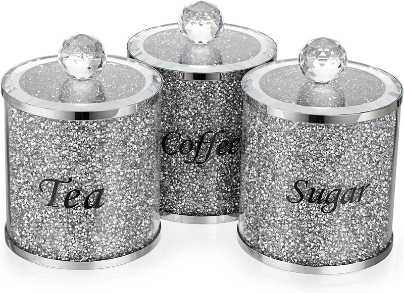 BTSKY Set von 3 Crushed Diamonds Dosen mit Deckel für Zucker Kaffee Tee - Glasbehälter für Küche Gla