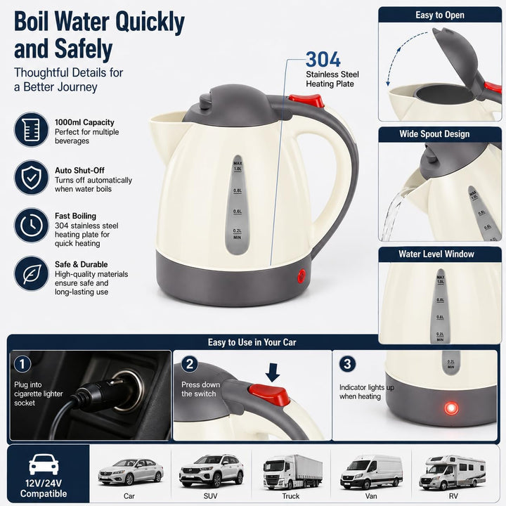 Auto Wasserkocher 1L Tragbare Reisekocher für Auto Reisen Camping mit automatischer Abschaltung aus