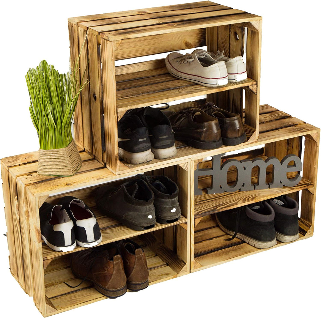3 x Schuhschrank Schuhregal aus geflammten Holzkisten Schuhablage für 12 Paar Schuhe als Schuhstände