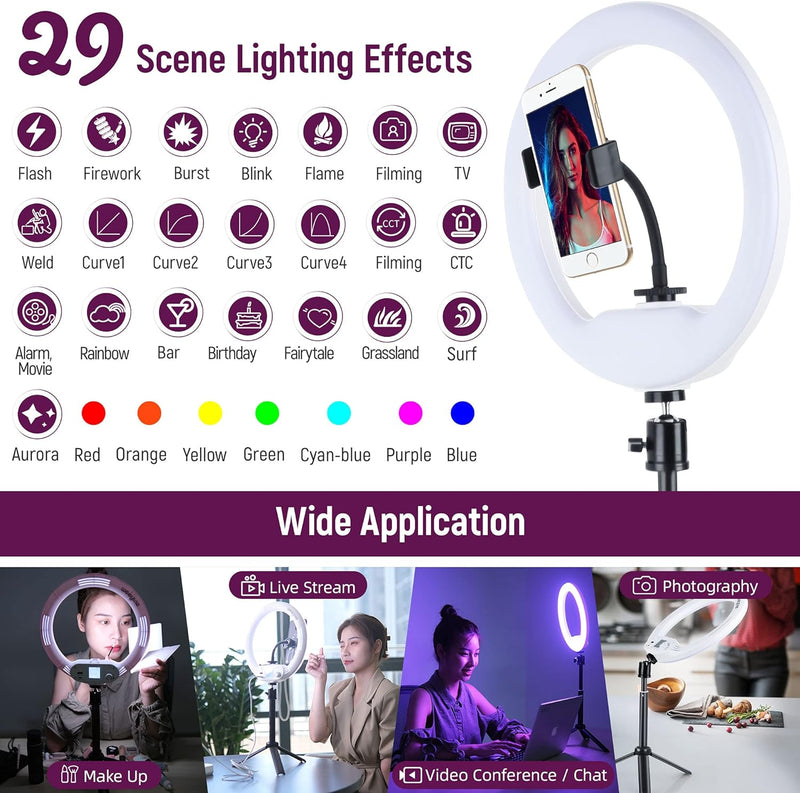 weeylite 10,5 Zoll RGB LED Ringlicht mit Stativ & Handyhalter für Laptop Computer,APP-Steuerung/Akku