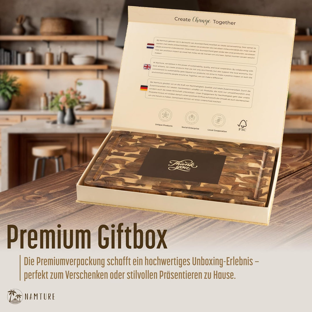 Hackblock Classic – Extra Dick 4 cm – Akazienholz Stirnholz Schneidebrett 45 x 30 cm – Premium Ölbeh