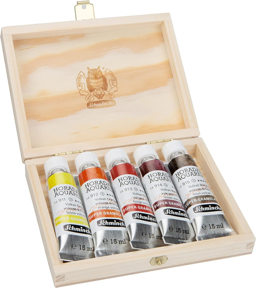Schmincke – HORADAM® AQUARELL, Super Granulation Set Vulkan, 5 x 15 ml-Tuben, 74 868 097, Holzkasten