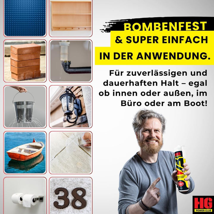HG POWER GLUE V13 Ultra Hochleistungs-Montagekleber und Dichtstoff extra stark, Kraftkleber für auss