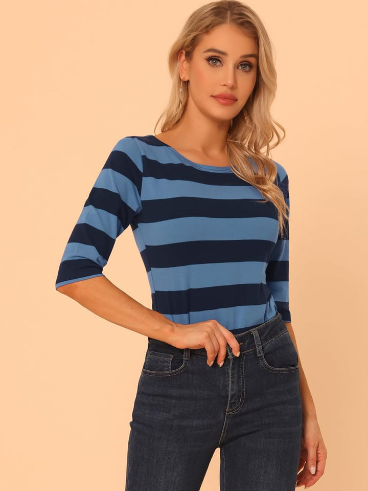 Allegra K Damen Gestreiftes Shirt U Boot Ausschnitt Halbarm Party Ferien Streifen Top Bluse S Blau D