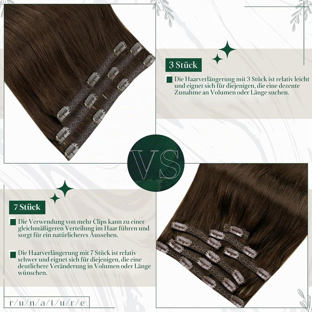 RUNATURE Echthaar Extensions Clip in Mittelbraun Echthaar Clip in Haarverlängerung Echthaar Braun Cl