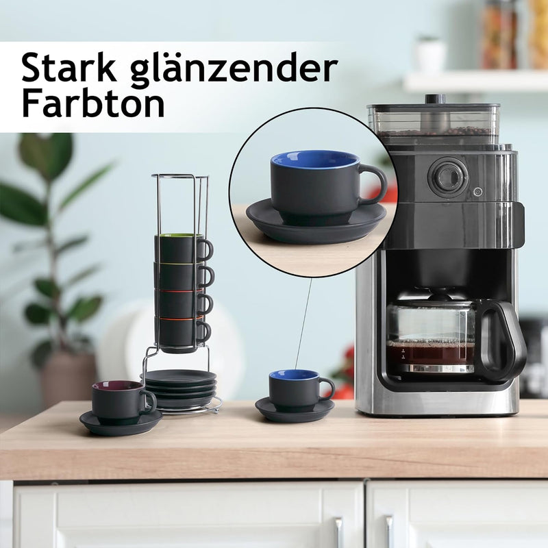 MIAMIO - 6 x 75 ml Espressotassen Set/Espresso Tassen Set mit Untertasse & Ständer - Kaffeetassen Se
