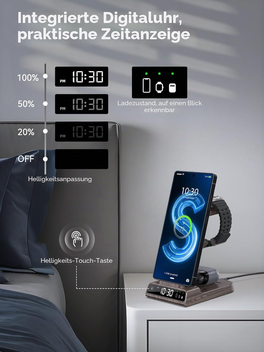 Wireless Charger für Samsung Galaxy S25 Ultra, Induktive Ladestation mit Digitaluhr für Samsung Gala