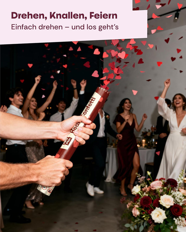 10 Konfettikanonen mit Herzen Rot - Biologisch abbaubares FSC® Konfetti - Einfach & Sicher zu Bedien