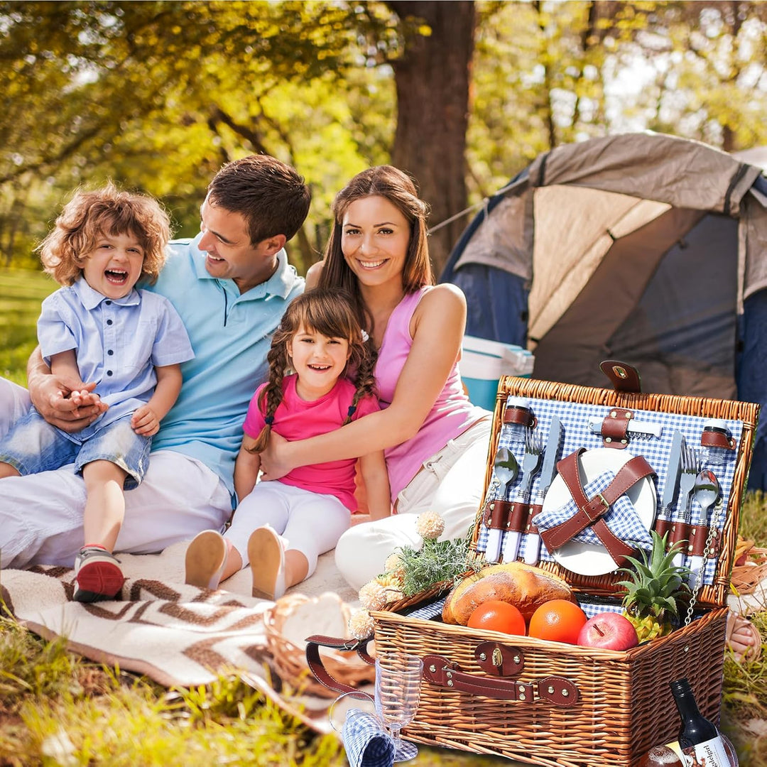 Picknickkorb Set für 4 Person mit Kühlfach und wasserdichte Picknickdecke, Abnehmbarer Riemen, Beste