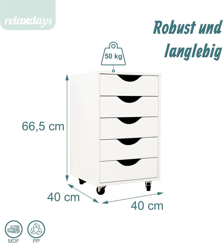 Relaxdays Rollcontainer, 5 Schubladen, HBT: 66,5x40x40 cm, Aktenschrank auf Rollen, Bürocontainer Sc