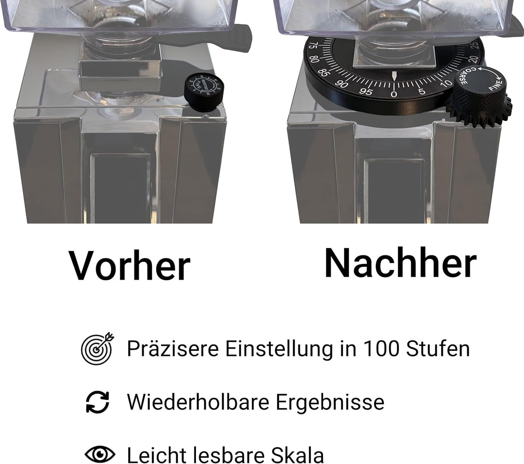 Mahlgrad-Einstellrad passend für Eureka Mignon mit Aluminium-Frontplatten, präzise und wiederholbar,