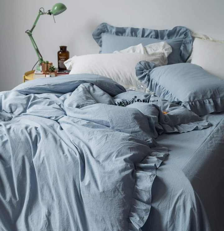 Lanqinglv Bettwäsche 200x220cm Gräuliches Blau mit Rüschen,aus 100% Weiche Microfaser Doppelbett - R