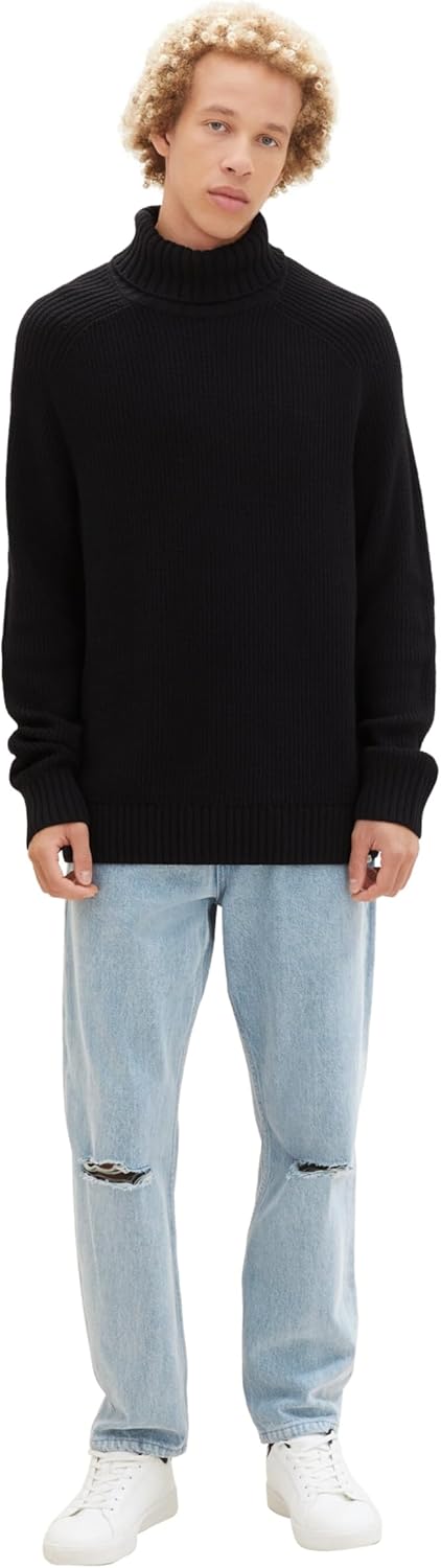 TOM TAILOR Denim Herren Relaxed Fit Ripp Rolkragen-Pullover L 29999 - Black, L 29999 - Black