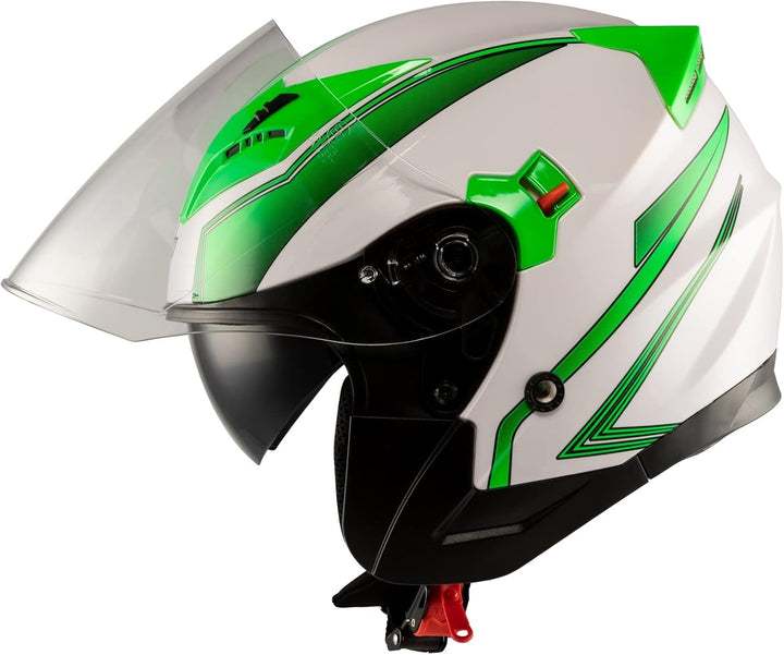 Motorradhelm Doppeltvisier City Jet Zertifikat ECE 22-06 Scooter 53-54 cm ( XS) Weiss Grün, 53-54 cm