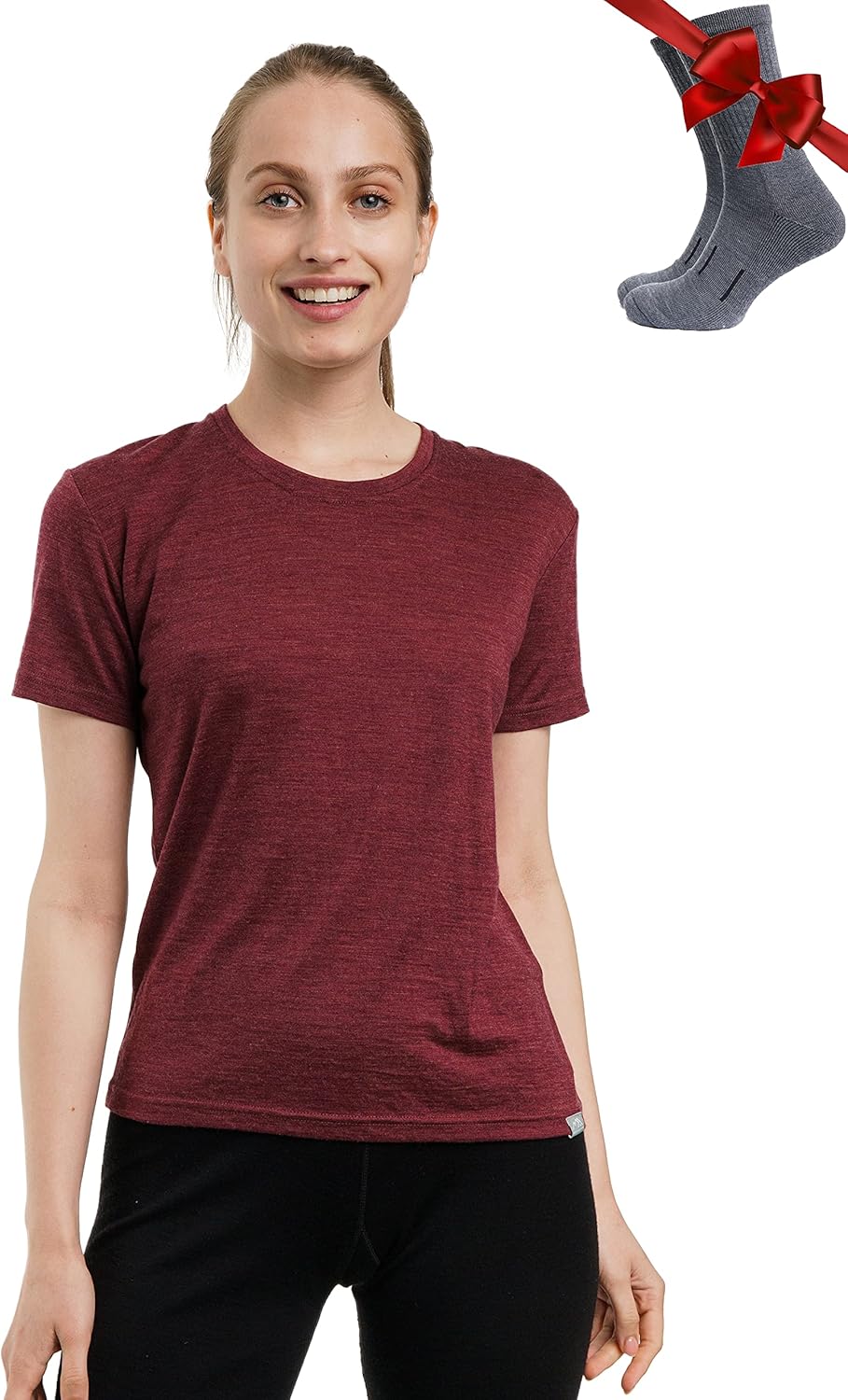 Merino.tech 100% Merino T Shirt Damen - Merinowolle Sport Wandern Thermoshirt Damen + Wandersocken B