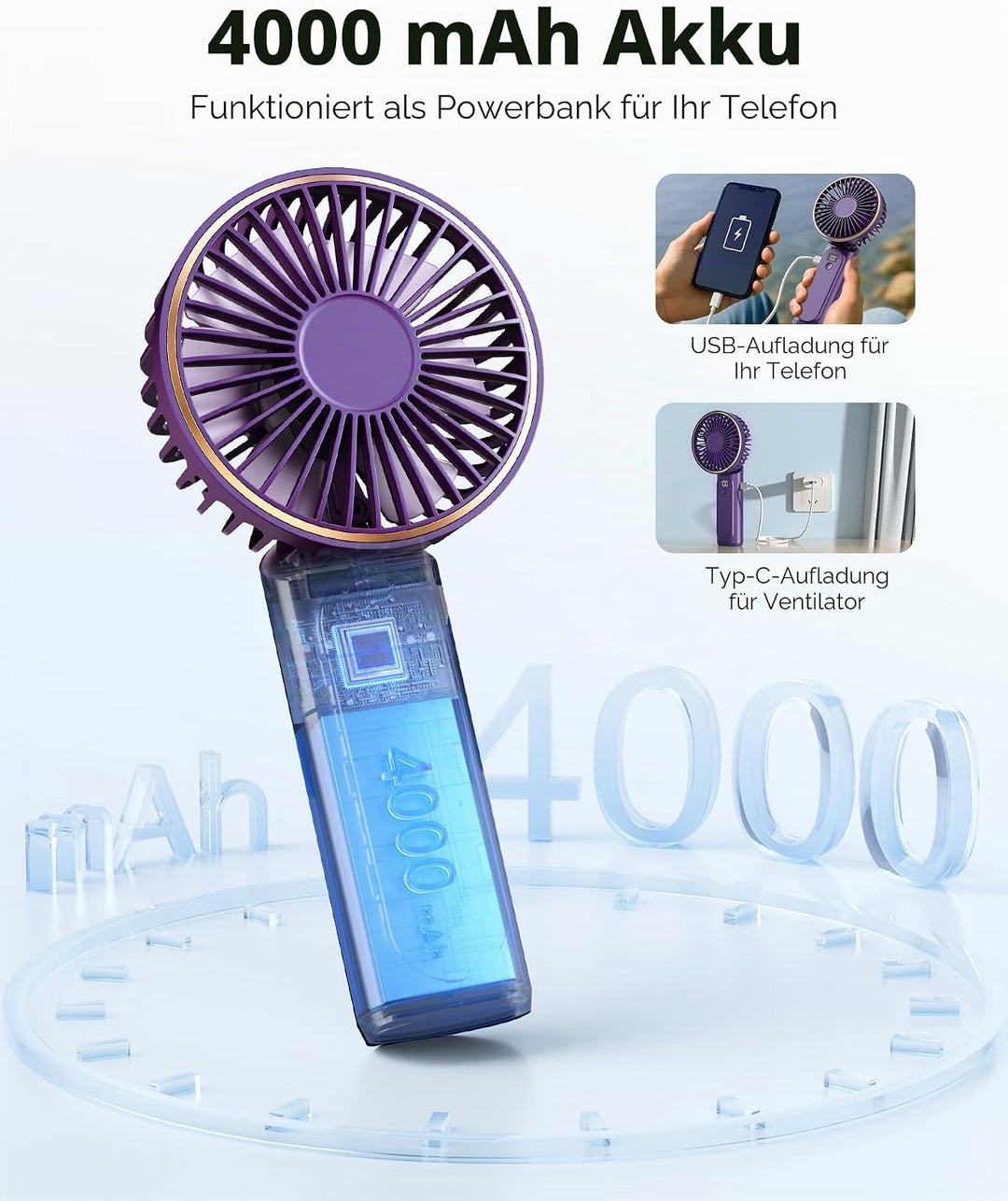 TUNISE Tragbarer Handventilator, Tragbarer Wiederaufladbarer Ventilator, 4000mAh,180° Verstellbar, 6