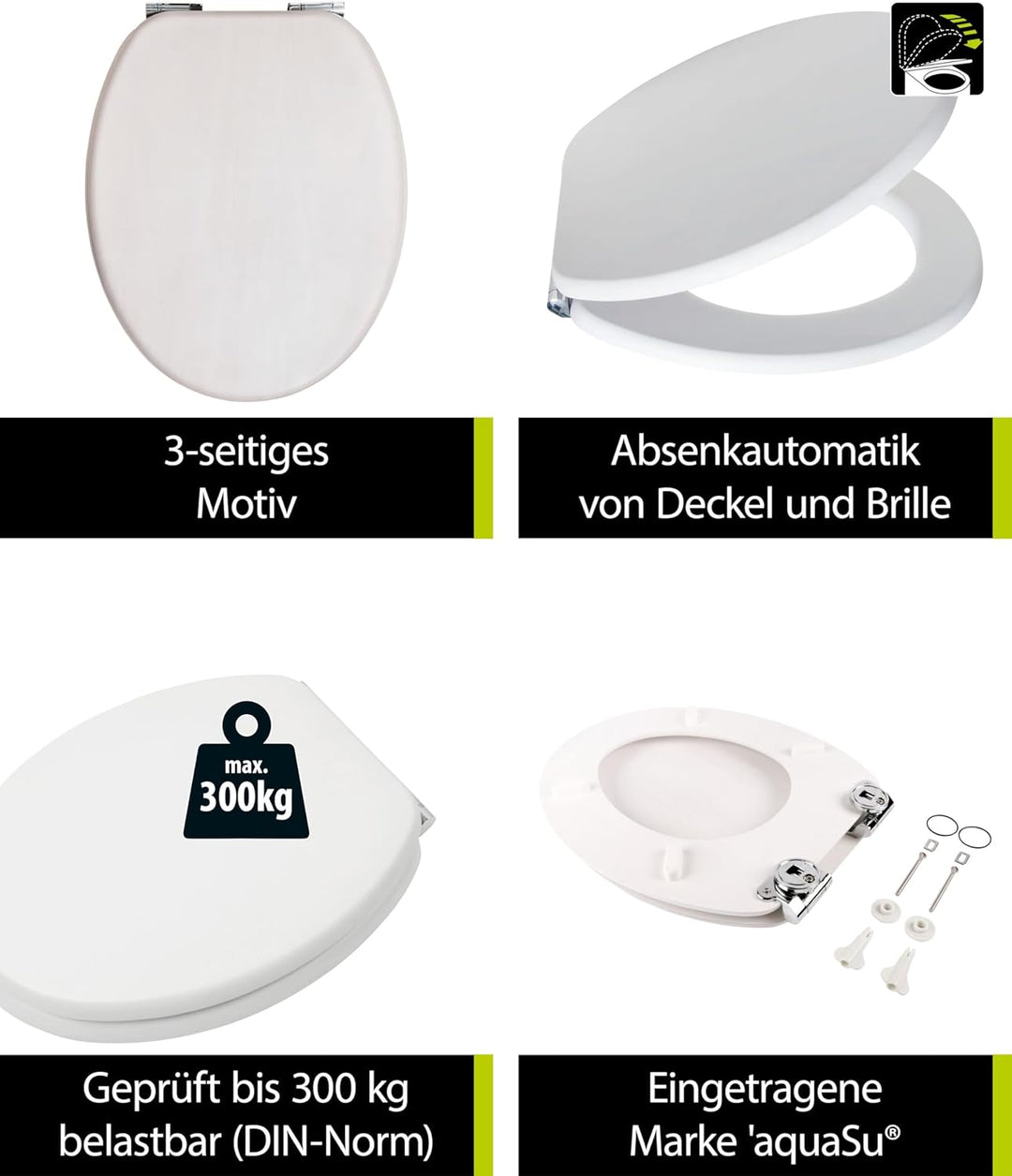'aquaSu® Holz WC-Sitz mit Absenkautomatik Venezia Weiss gekalkt, Schnellbefestigung, Metallscharnier
