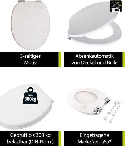 'aquaSu® Holz WC-Sitz mit Absenkautomatik Venezia Weiss gekalkt, Schnellbefestigung, Metallscharnier
