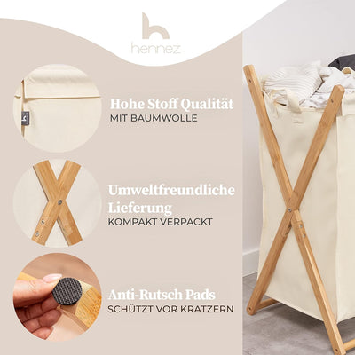 Hennez Wäschesammler XXL - Wäschekorb 3 Fächer - Wäschesortierer Wäschebox - Holz - Wäschetrenner Be