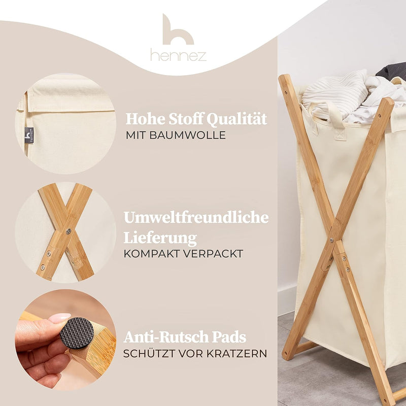 Hennez Wäschesammler XXL - Wäschekorb 3 Fächer - Wäschesortierer Wäschebox - Holz - Wäschetrenner Be